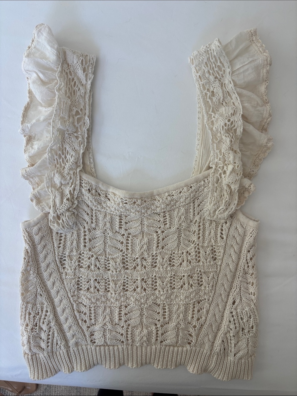Anthropologie Cream Crochet Knit Ruffled Sleeve Top